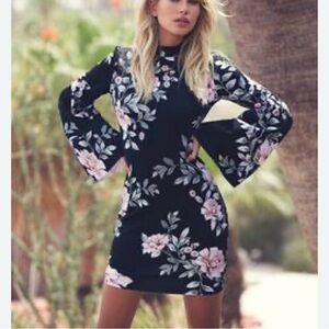 Women’s GUESS Floral Black Scuba Mini Dress Kimono Bell Sleeves XS - Small